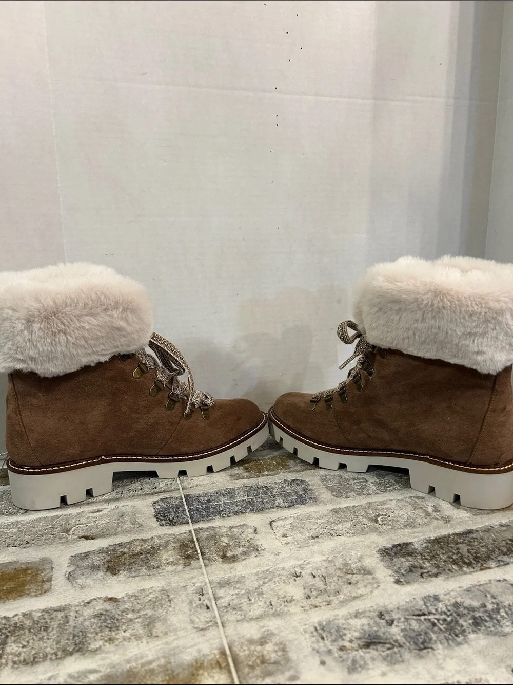 White Mountain Women's Brown Suede Faux-Fur Trim Lace-Up Ankle Boots Chunky Heel